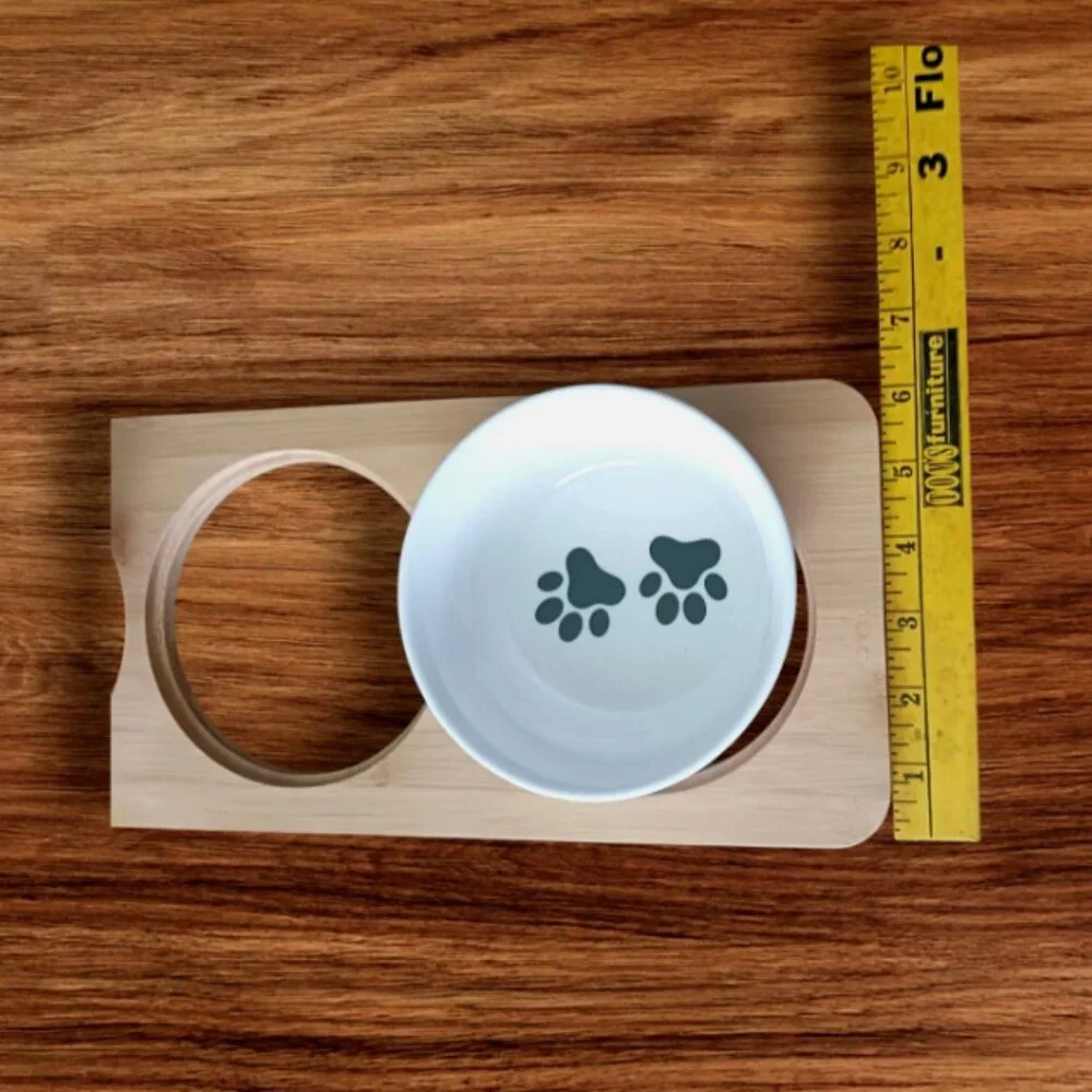 Comesoon ceramic cat Bowls Set of 2 Food/Water / Black & white with wood Holder